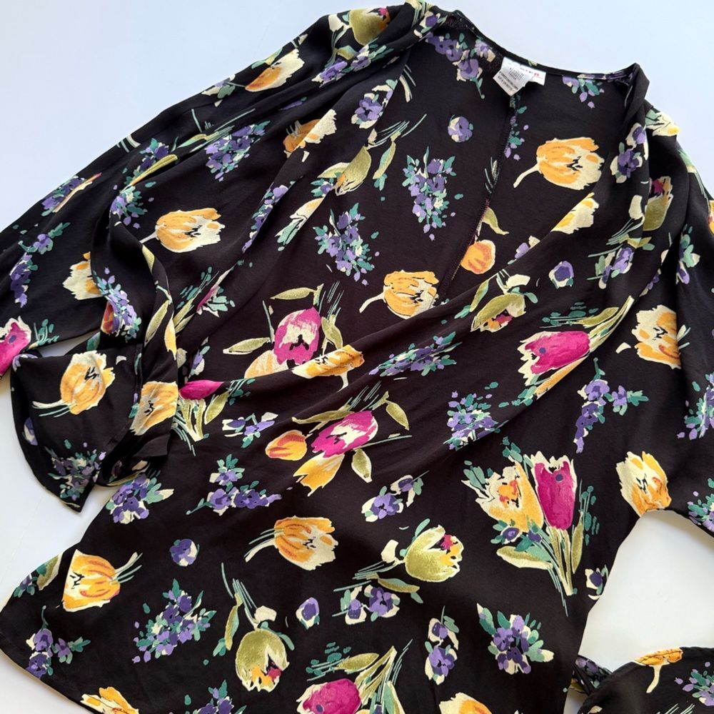 Vintage Rodier Floral Wrap Long Sleeve Black Multicolor Print Top 46 FR US L - Picture 8 of 13